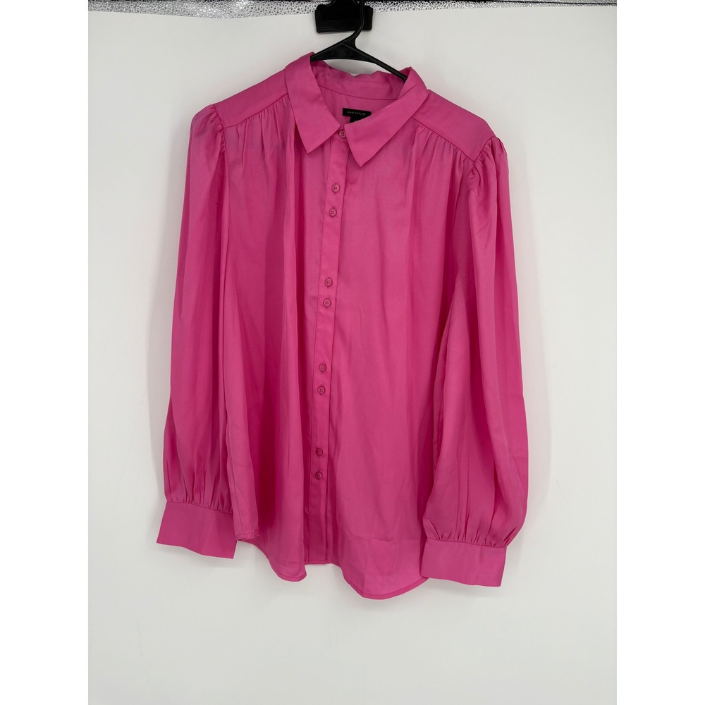 Ann Taylor Blouse Women XL Pink Button Down Puff Sleeve Twill Top Career Preppy